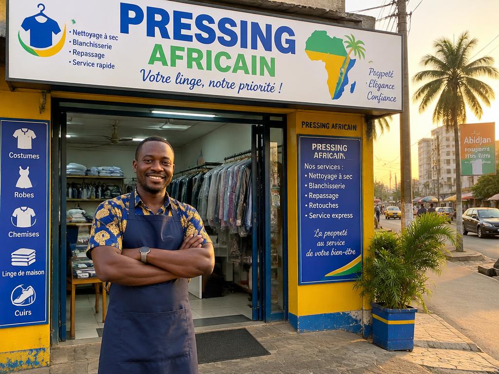Propriétaire de pressing partenaire devant sa boutique